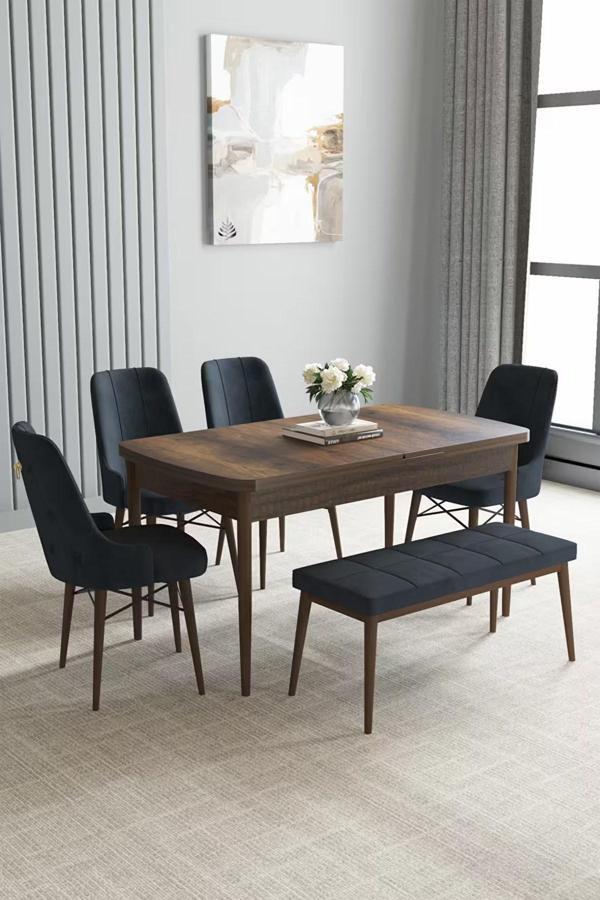 Loft Barok Desen 80x132 Açılabilir Mdf Masa Yemek Odası Takımı, Mutfak Takımı 4 Sandalye, 1 Bench - Image 1
