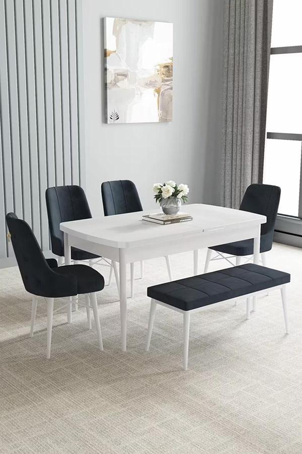 Loft Beyaz 80x132 Açılabilir Mdf Masa Yemek Odası Takımı, Mutfak Takımı 4 Sandalye, 1 Bench - Image 1