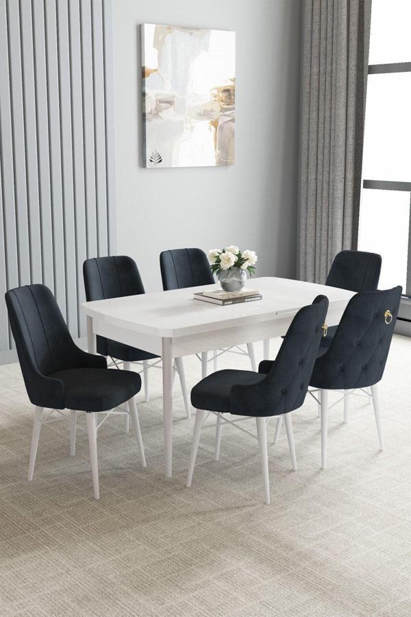 Loft Beyaz 80x132 Açılabilir Mdf Masa Yemek Odası Takımı, Mutfak Takımı 6 Sandalye - Image 1