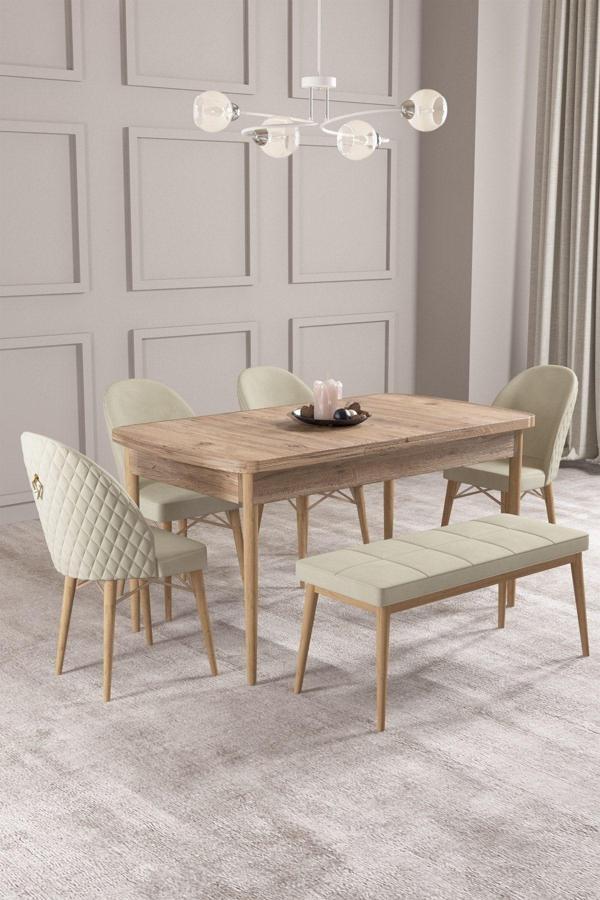 Calvin Atlantik 80x132 Açılabilir Mdf Masa Yemek Odası Takımı, Mutfak Takımı 4 Sandalye, 1 Bench - Image 1