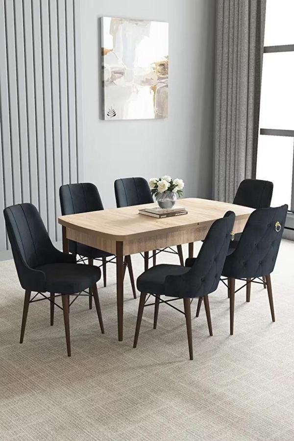 Loft Meşe Desen 80x132 Açılabilir Mdf Masa Yemek Odası Takımı, Mutfak Takımı 6 Sandalye - Image 1