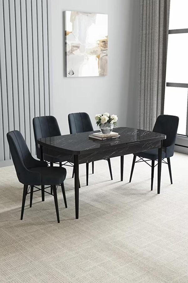 Loft Siyah Mermer 80x132 Açılabilir Mdf Masa Yemek Odası Takımı, Mutfak Takımı 4 Adet Sandalye - Image 1