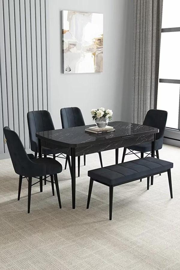 Loft Siyah Mermer 80x132 Açılabilir Mdf Masa Yemek Odası Takımı, Mutfak Takımı 4 Sandalye, 1 Bench - Image 1