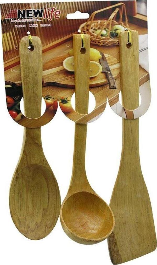 3PCS AHŞAP BAMBU  MUTFAK SERVİS SETİ  KAŞIK=27CM - KEPÇE=27CM - SPATULA=32CM (2818) - Image 1
