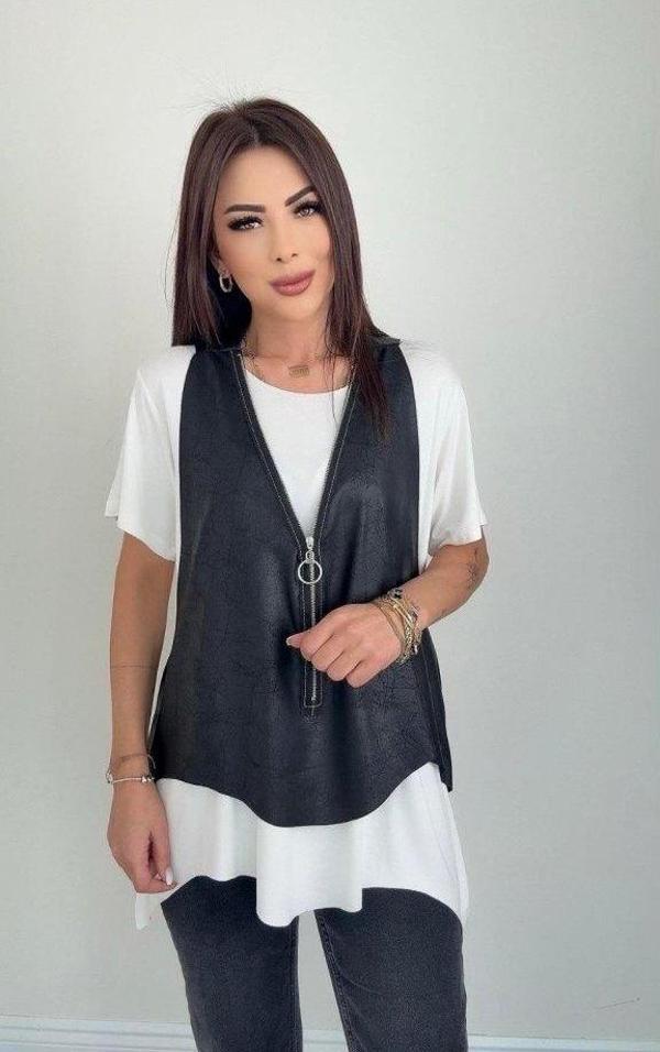 Kadın Kısa Kollu Yuvarlak Yaka Viskon Bluz + Kolsuz Fermuarlı çatlak Deri Yelek - Image 1