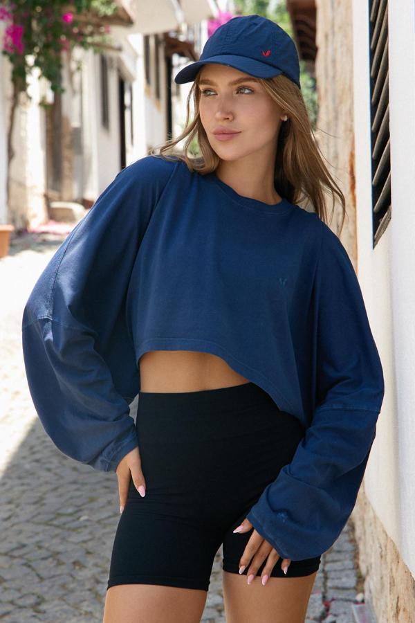 Aura Crop Long Sleeve T-Shirt Mavi - Image 1