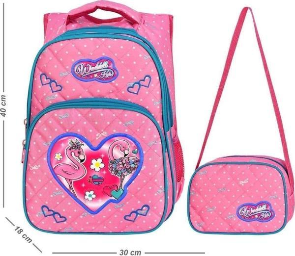 Pembe Benekli Flamingo Emboss İlköğretim Ve Beslenme Çantası - Image 1
