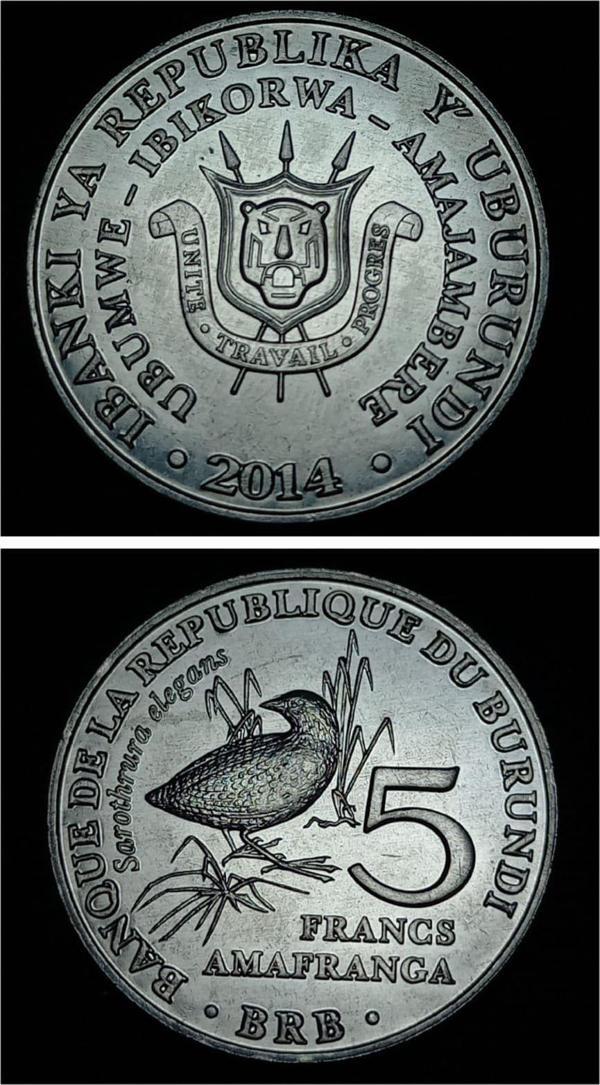 Escoines Burundi 39963688ab16dcc51e Burundi 5 Franks 2014 Benekli Tüylü Kuyruk ÇİL Alüminyum Para - Image 1