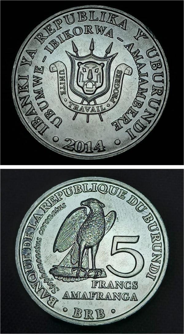 Escoines 39963688ab2edbc0e7 Burundi 5 Franks 2014 Afrika Taçlı Kartal ÇİL Alüminyum Para - Image 1