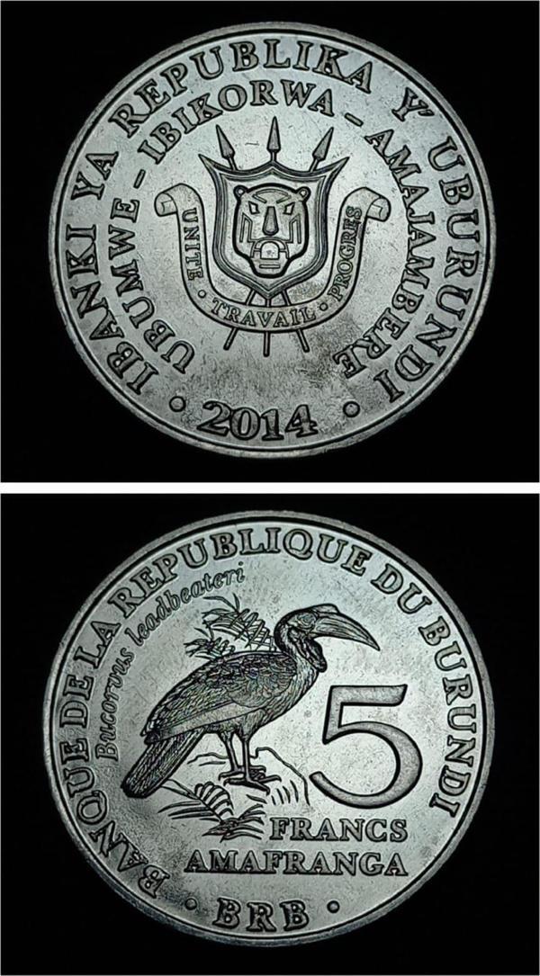 Escoines 39963688ab3f104325 Burundi 5 Franks 2014 Güney Kara Boynuzgagası ÇİL Alüminyum Para - Image 1