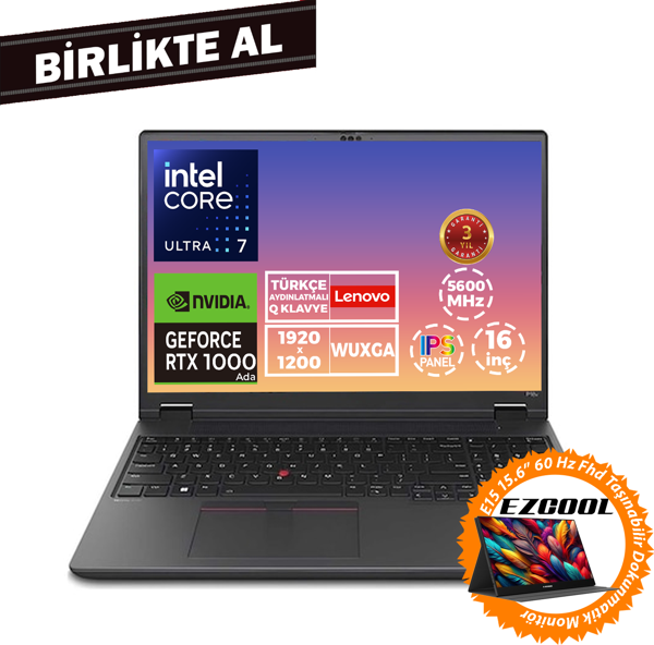 Lenovo MWS P16V G2 U7 155H 16GB 512GB SSD 6 GB RTX1000 16"W11P + 15.6" Touch Monitör 21KXS0ASTX 022 - Image 1