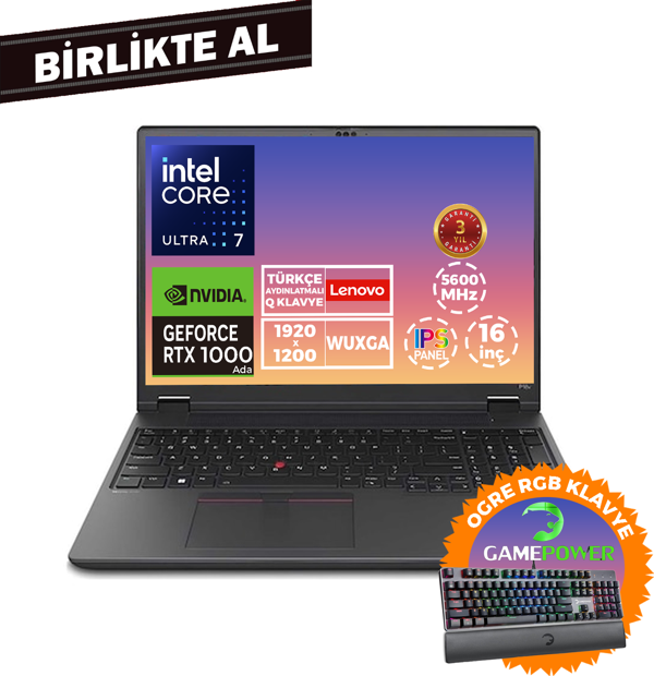Lenovo MWS P16V G2 U7 155H 24GB 512GB SSD 6 GB RTX1000 16" W11P + Gaming Klavye 21KXS0ASTX 031 - Image 1