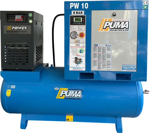 PUMA KOMPRESÖR Hava Kompresörü Depo Üstü Vidalı 10Hp 500 LT Ve Kurutucu - Image 1