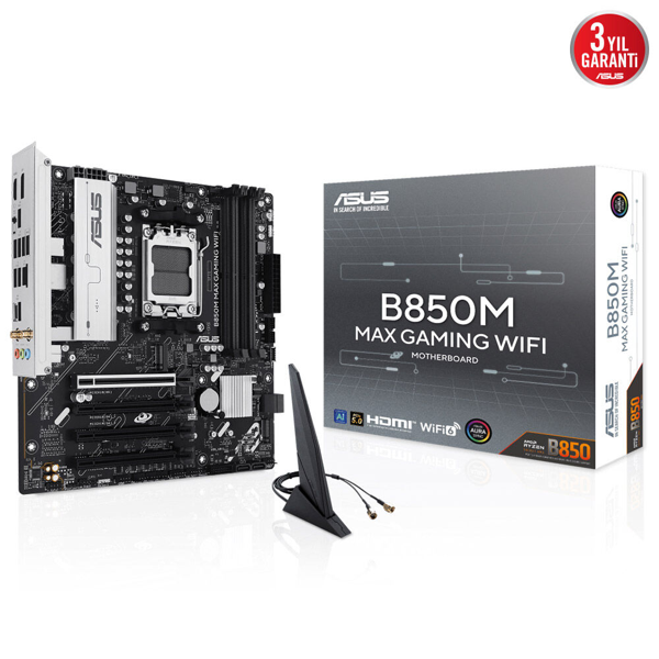 ASUS B850M MAX GAMING WIFI, 4xDDR5, 3x M2, HDMI, DP, Type-C, Wi-Fi 6, Bluetooth v5.4, AM5 Soket GAMING Anakart - Image 1