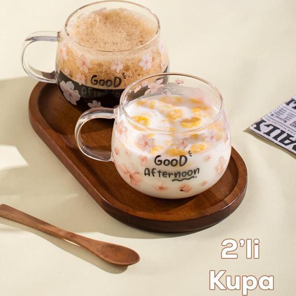 Porsima 2089-1 2li Borosilikat Isıya Ateşe Dayanıklı Cam Kulplu Çay Bardağı Kahve Bardak Kupa Pembe 400 ml - Image 1