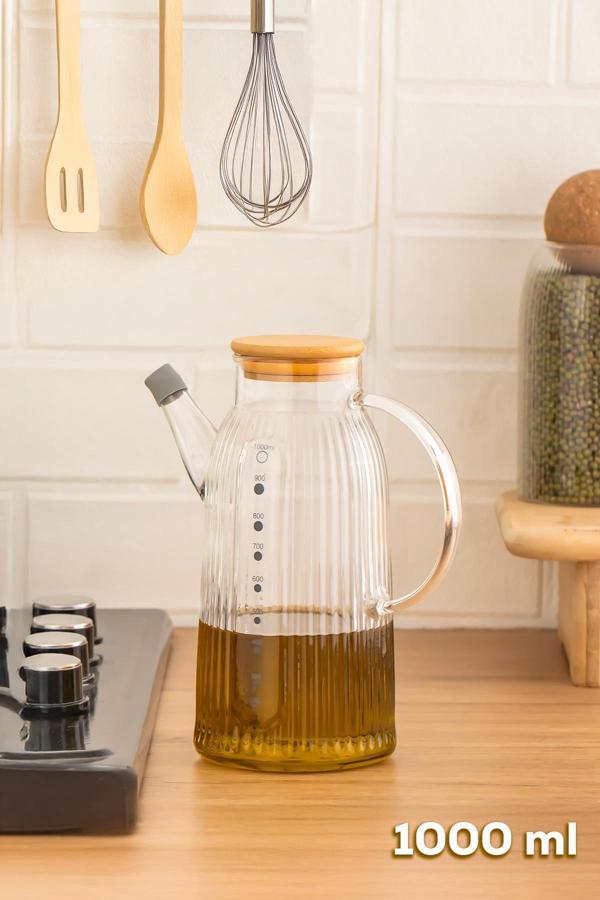 Porsima 2091 Bambu Kapaklı Vakumlu Ölçekli Borosilikat Cam Yağdanlık Yağlık Sirkelik 1000ml - Image 1