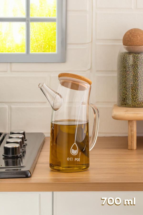 Porsima 2093 Bambu Kapaklı Vakumlu Borosilikat Cam Yağdanlık Yağlık Sirkelik 700ml - Image 1
