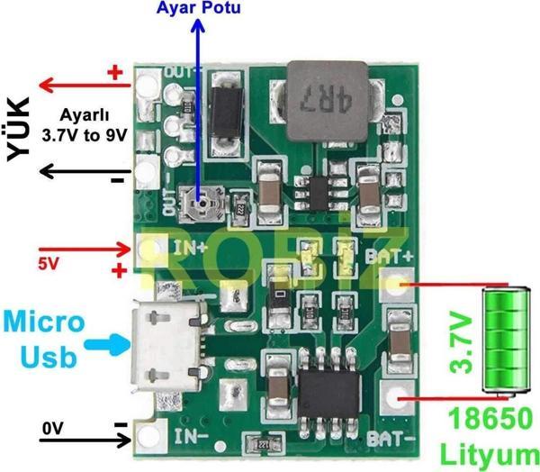 Alkatronik Tp4056 18650 Lityum Pil Şarj Micro Usb Ayarlı Voltaj Yükseltici 3-7v To 27v Boost Step Up Lion Akü - Image 1