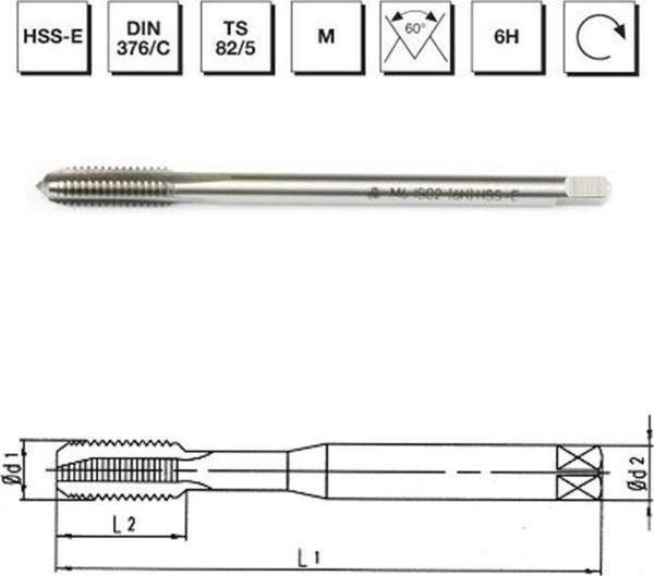 MTE Makina Takım M5 HSS - E DIN 376/C Metrik Normal Vidalı Düz Kanallı Makina Kılavuzu - B00105780500 - Image 1
