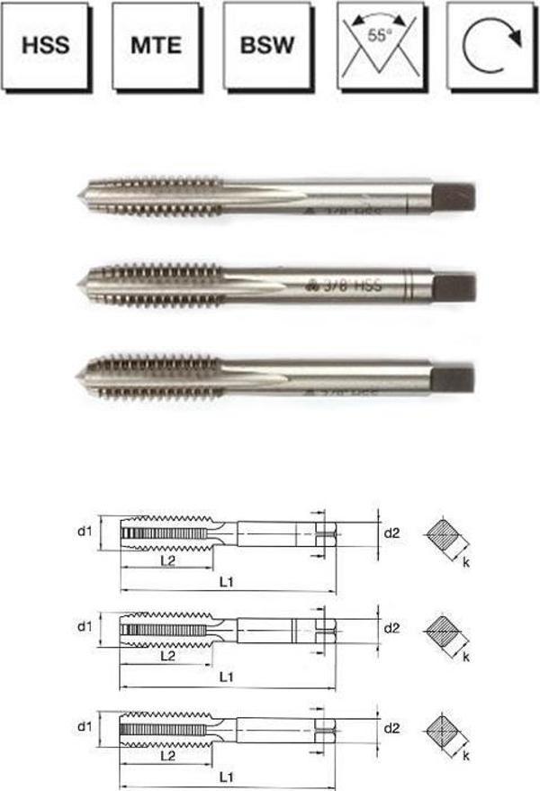 MTE Makina Takım W 1/2" HSS Normu Whitworth Normal Vidalı 3'lü Takım Kılavuzu (El Kılavuzu) - B00100101270 - Image 1