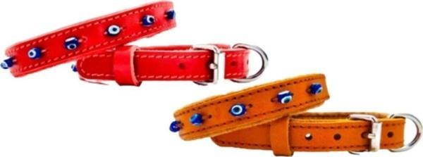Hakiki Deri Nazar Boncuklu Kedi Ve Köpek Tasması Kırımızı Ve Kahverengi 38cm X 1,5cm Toplam 2 Adet - Image 1