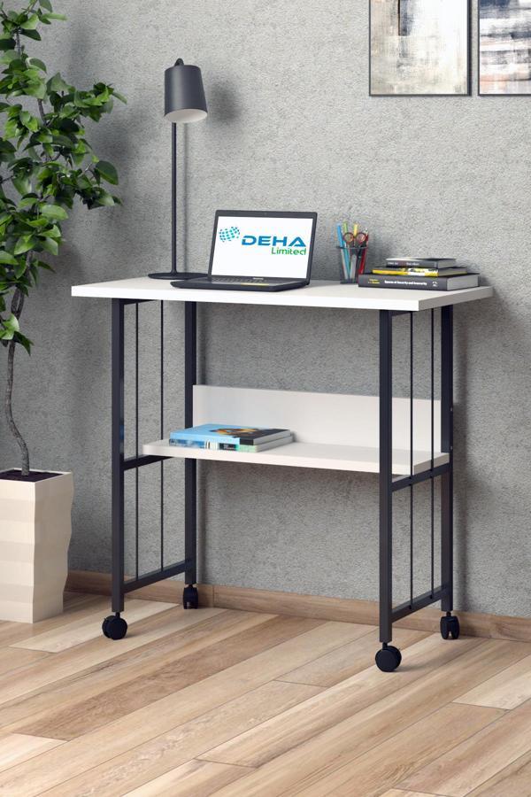 Raflı Frenli Tekerlekli Ofis Ders Laptop Çalışma Masası Metal Ayaklı Mutfak Tekerli Masa - Image 1
