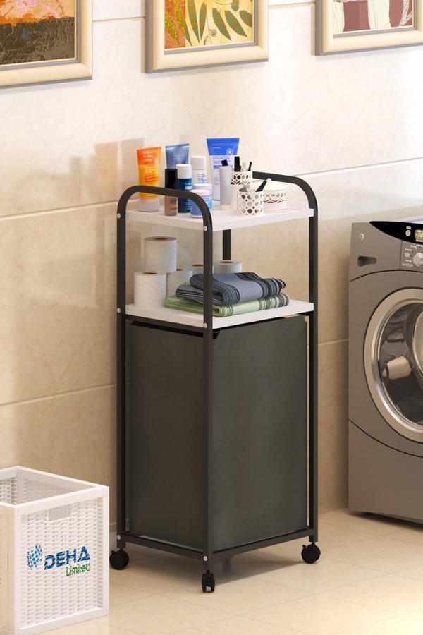 2 Raflı  Frenli Tekerlekli Çamaşır Sepeti Banyo Dolabı Kirli Sepetli Banyo Düzenleyici Çamaşırlık - Image 1