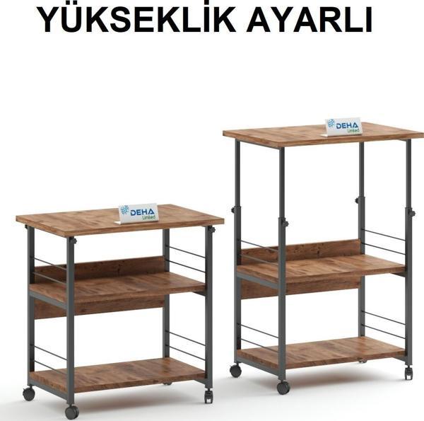 Çok Amaçlı Yükseklik Ayarlı Frenli Tekerlekli 3 Katlı Mutfak Fırınlık Kahve Masası  Yazıcı Sehpası Servis Standı - Image 1