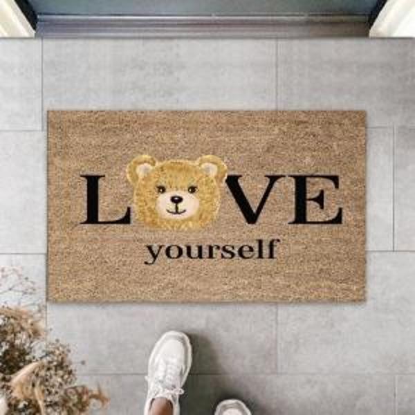 Kahverengi Kapı Önü Paspası Love Yourself Ayıcık Desen  K-3329 - Image 1