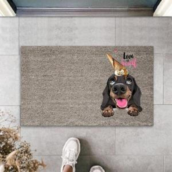 Dijital Baskı Gri Love Sweet Kafasında Külahlı Dondurmalı Köpek Dekoratif Kapı Paspası K-2055 - Image 1