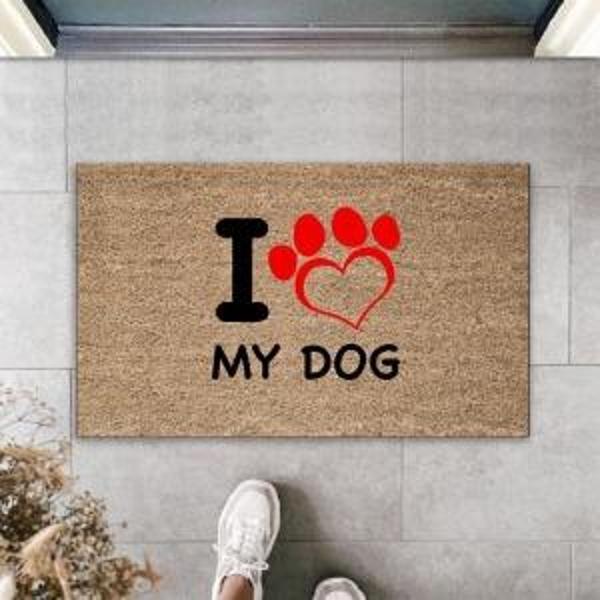 Dijital Baskı Kahverengi Kırmızı Kalpli I Love My Dog Dekoratif Kapı Paspası K-2016 - Image 1