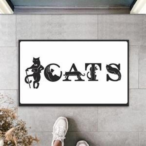 Dijital Baskı Beyaz Kedilerle Bezenmiş Cats Yazılı Dekoratif Kapı Paspası K-2028 - Image 1