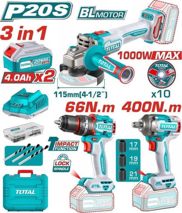 Total Akülü Set 3'lü - Darbeli Matkap + Avuç Taşlama + Somun Sıkma + 2x4 Ah Set TOSLI241291E  - Image 1