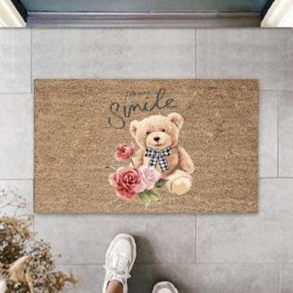 Dijital Please Smile Ayıcık Bej Kapı Paspası Dış Mekan Paspas K-3175 - Image 1