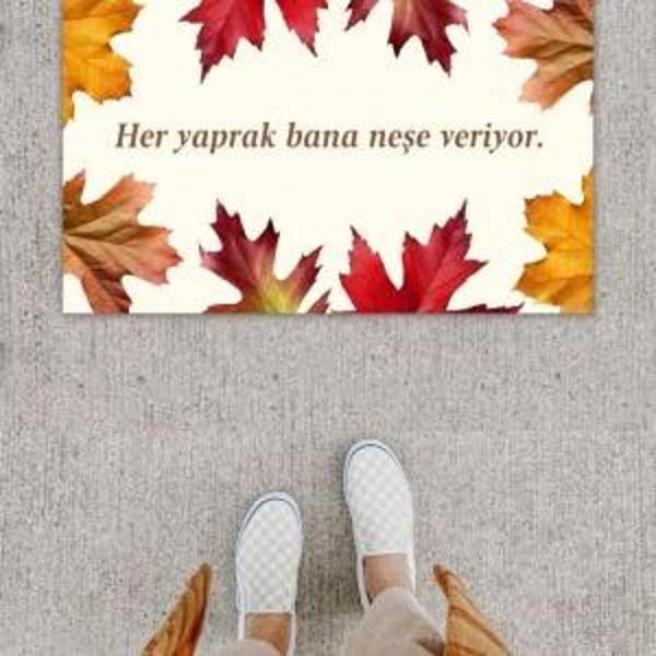 Dijital Baskı Dekoratif Kuru Yaprak Bej Kapı Önü Paspası K-1203 - Image 1