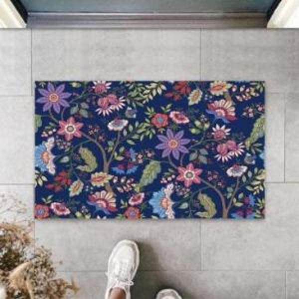 Dijital Çoklu Çiçekler Lacivert Kapı Paspası Dış Mekan Paspas K-3066 - Image 1