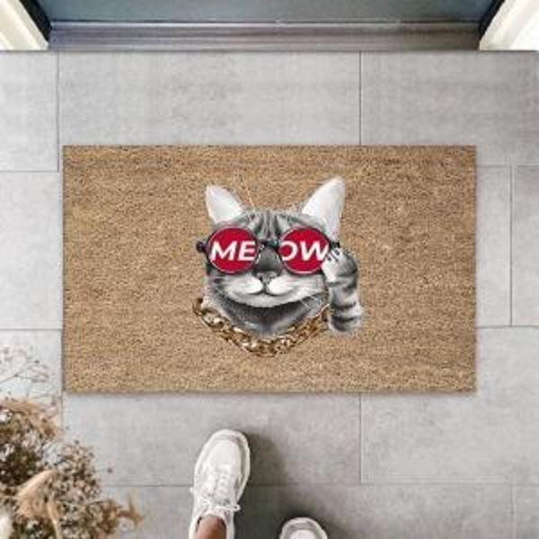 Dijital Baskı Kahverengi Gözlüklü Kedi Kapı Paspası K-3158 - Image 1