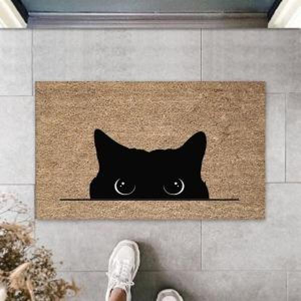 Dijital Kara Kedi Bej Kapı Paspası Dış Mekan Paspas K-3185 - Image 1