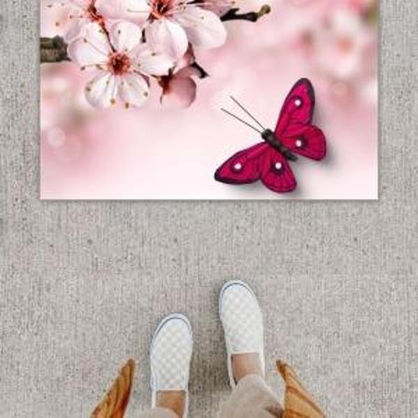 Dijital Baskı Dekoratif Kelebek Pembe Kapı Önü Paspası K-1232 - Image 1