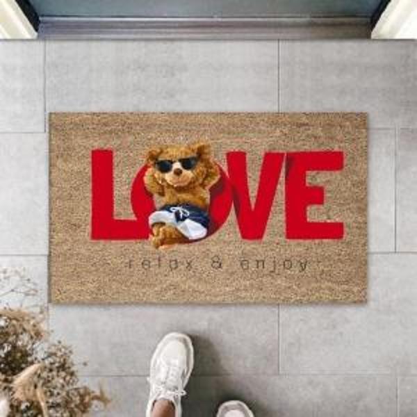 Dekoratif Dijital Love Ayıcık Bej Kapı Paspası Dış Mekan Paspas K-3178 - Image 1