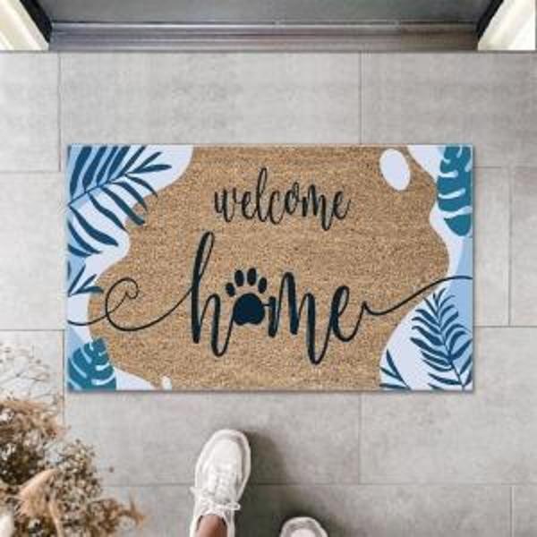 Dijital Baskı Kahverengi Mavi Yapraklı Welcome Home Dekoratif Kapı Paspası K-2007 - Image 1