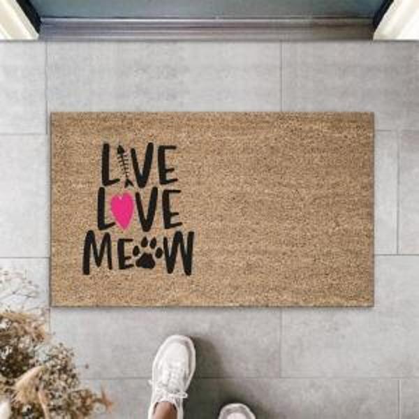 Dijital Baskı Kahverengi Pembe Kalpli Kılçıklı Love Meow Dekoratif Kapı Paspası K-2046 - Image 1
