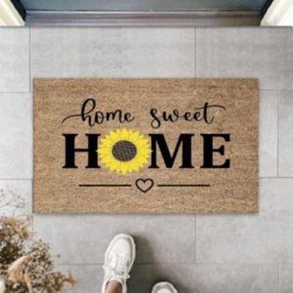Bej Kapı Önü Paspası Home Sweet Home Papatyalı Desen  K-3342 - Image 1
