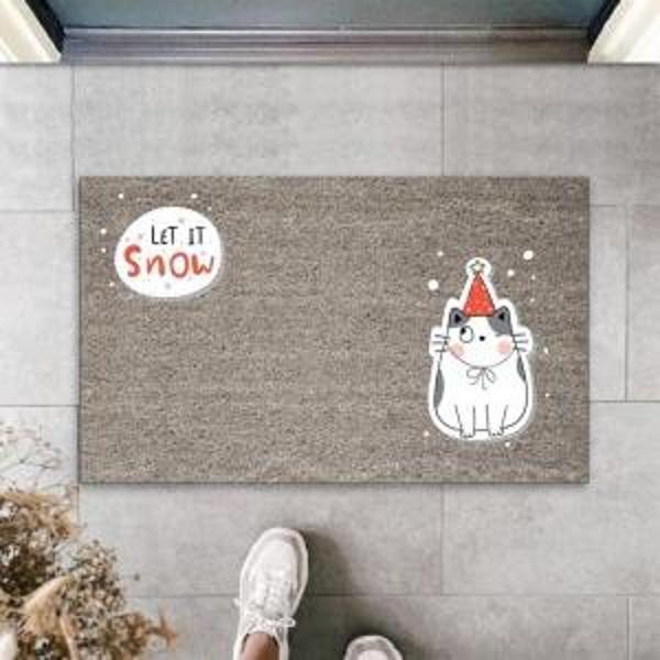 Dijital Baskı Gri Let It Snow Kukuletalı Kedi Dekoratif Kapı Paspası K-2058 - Image 1