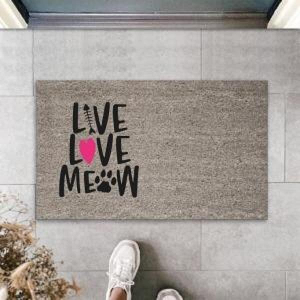 Dijital Baskı Gri Pembe Kalpli Kılçıklı Love Meow Dekoratif Kapı Paspası K-2047 - Image 1