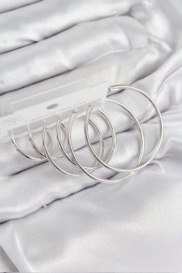 Pirinç Halka Model Gümüş Renk Kadın Set Küpe - EBJ250802W37036 - Image 1