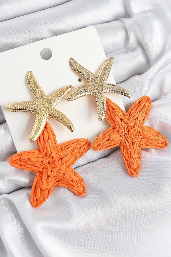 Pirinç Sallantılı Turuncu Deniz Yıldızı Model Gold Renk Hasır Küpe - EBJ250802W37024 - Image 1