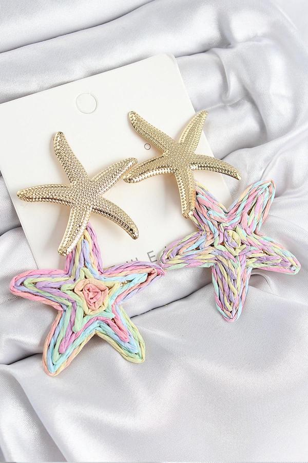 Pirinç Sallantılı Rainbow Deniz Yıldızı Model Gold Renk Hasır Küpe - EBJ250802W37021 - Image 1