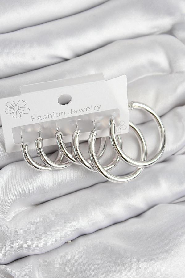Pirinç Halka Model Gümüş Renk Kadın Set Küpe - EBJ250802W37038 - Image 1