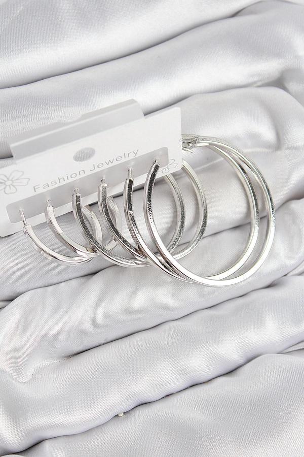 Pirinç Halka Model Gümüş Renk Kadın Set Küpe - EBJ250802W37046 - Image 1